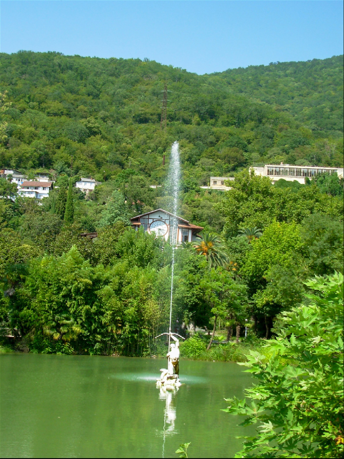Вид на фонтан в пруду Приморского парка