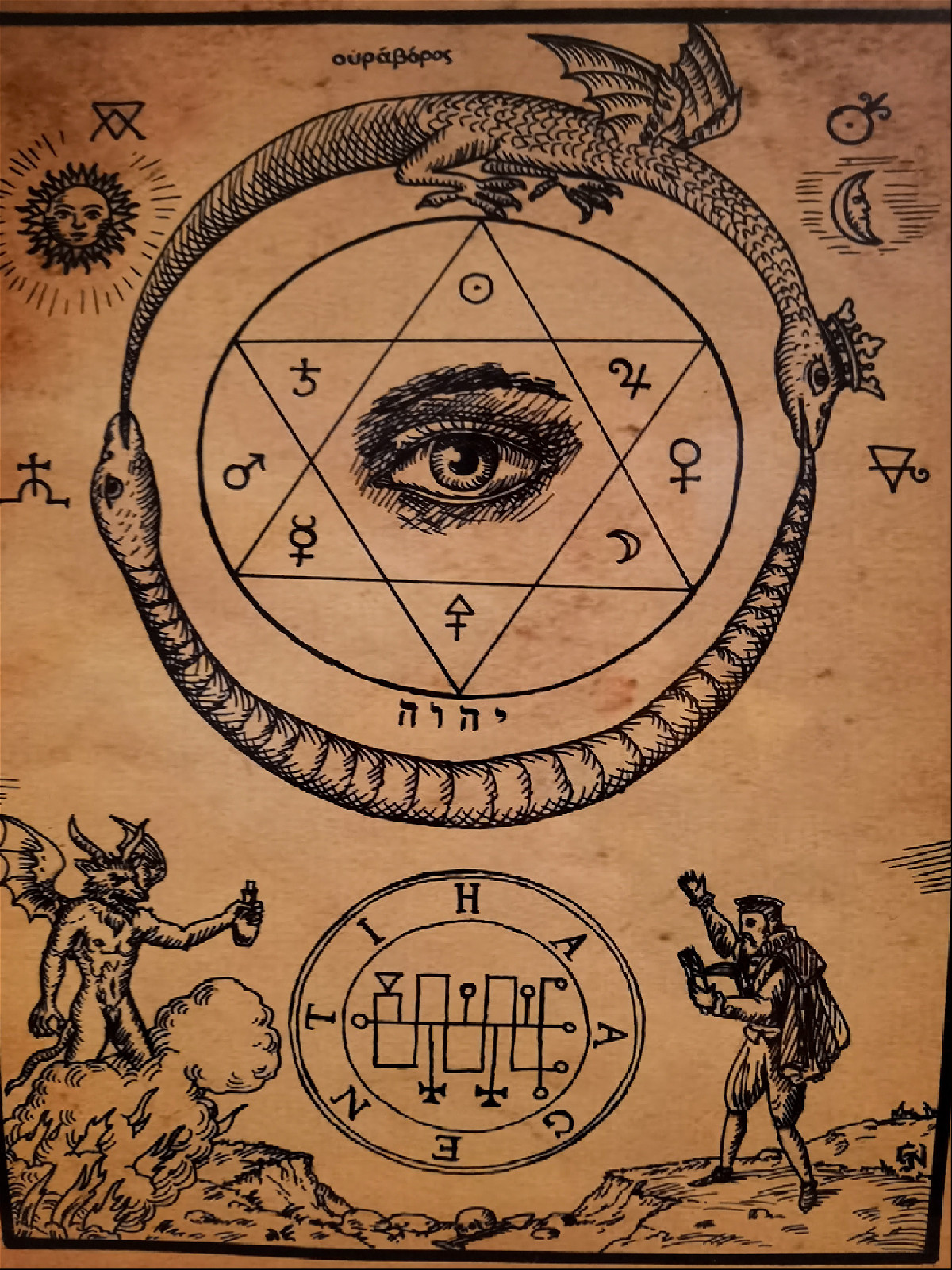 Гравюра коричневого цвета с алхимическими символами